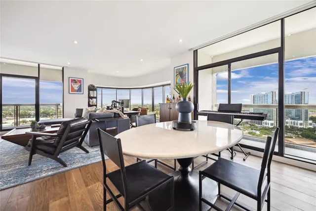 a view of a dining room with furniture window and outside view