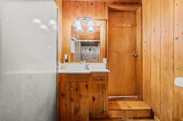 a bathroom with a sink a mirror and a shower