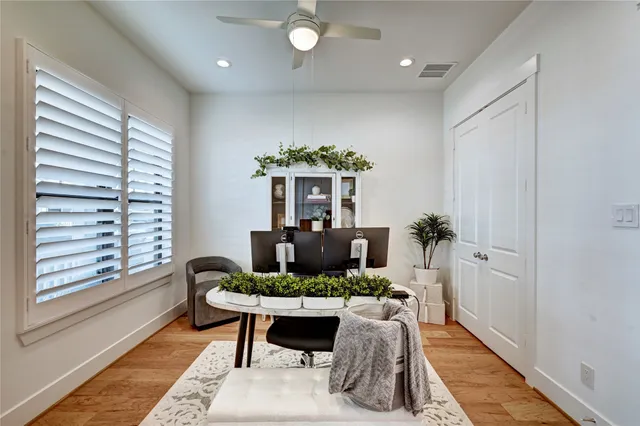 a living room with furniture and a potted plant