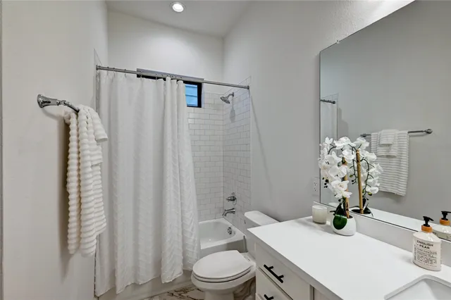 a bathroom with a sink a toilet and shower curtain