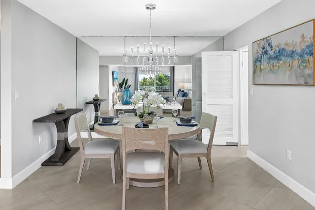 a view of a dining room with furniture window and outside view