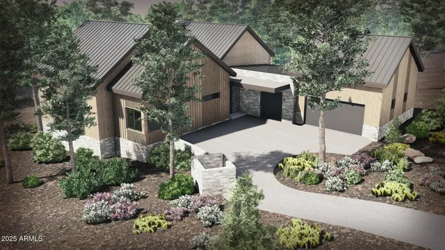 a view of a house with a yard and a garden