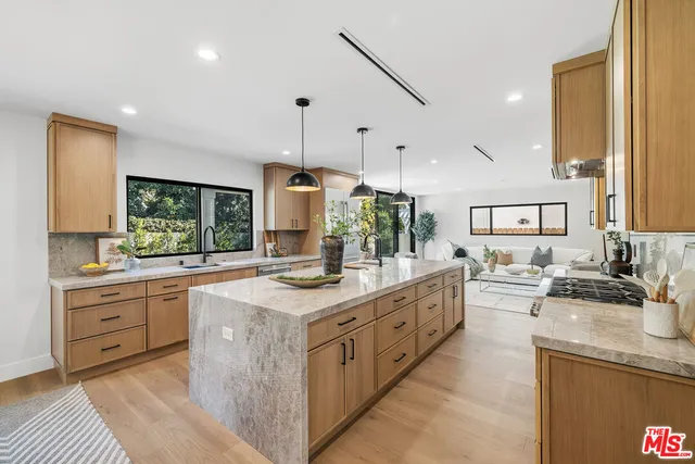 a large kitchen with stainless steel appliances a sink counter space and a view of living room