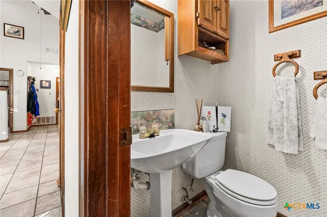 a bathroom with a sink a toilet and shower curtain