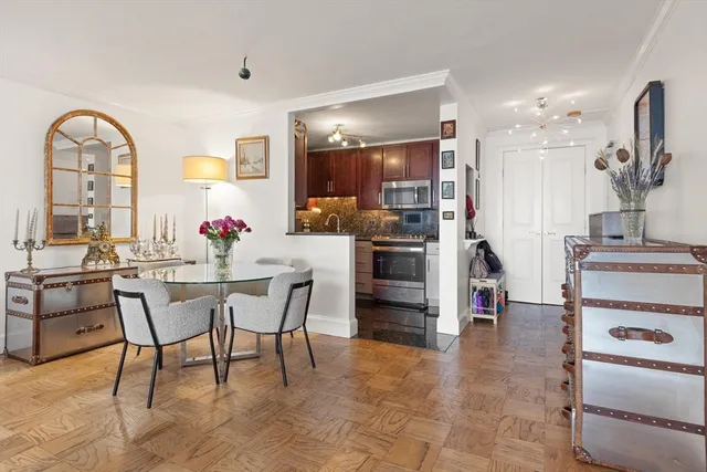 a view of a dining room kitchen and a window