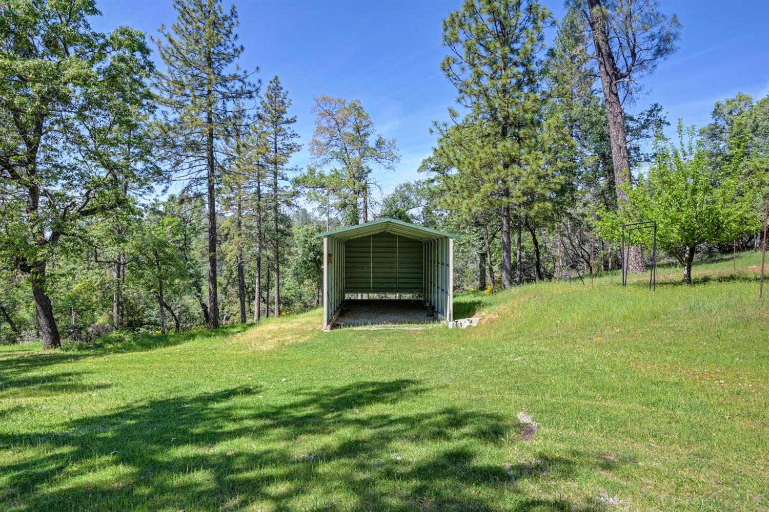 5215 Faraway Road Greenwood, CA 95635 - Photo 36 of 46 view of grassy yard with a carport, an outbuilding, and a pole building