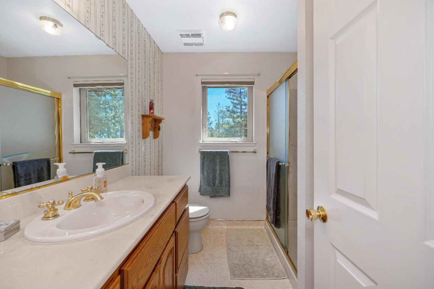 5215 Faraway Road Greenwood, CA 95635 - Photo 10 of 46 bathroom featuring a shower stall, vanity, and light tile patterned flooring