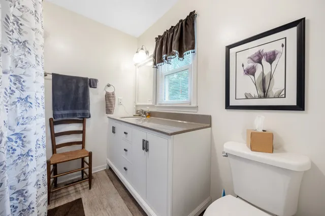 a bathroom with a granite countertop sink toilet and painting on the wall