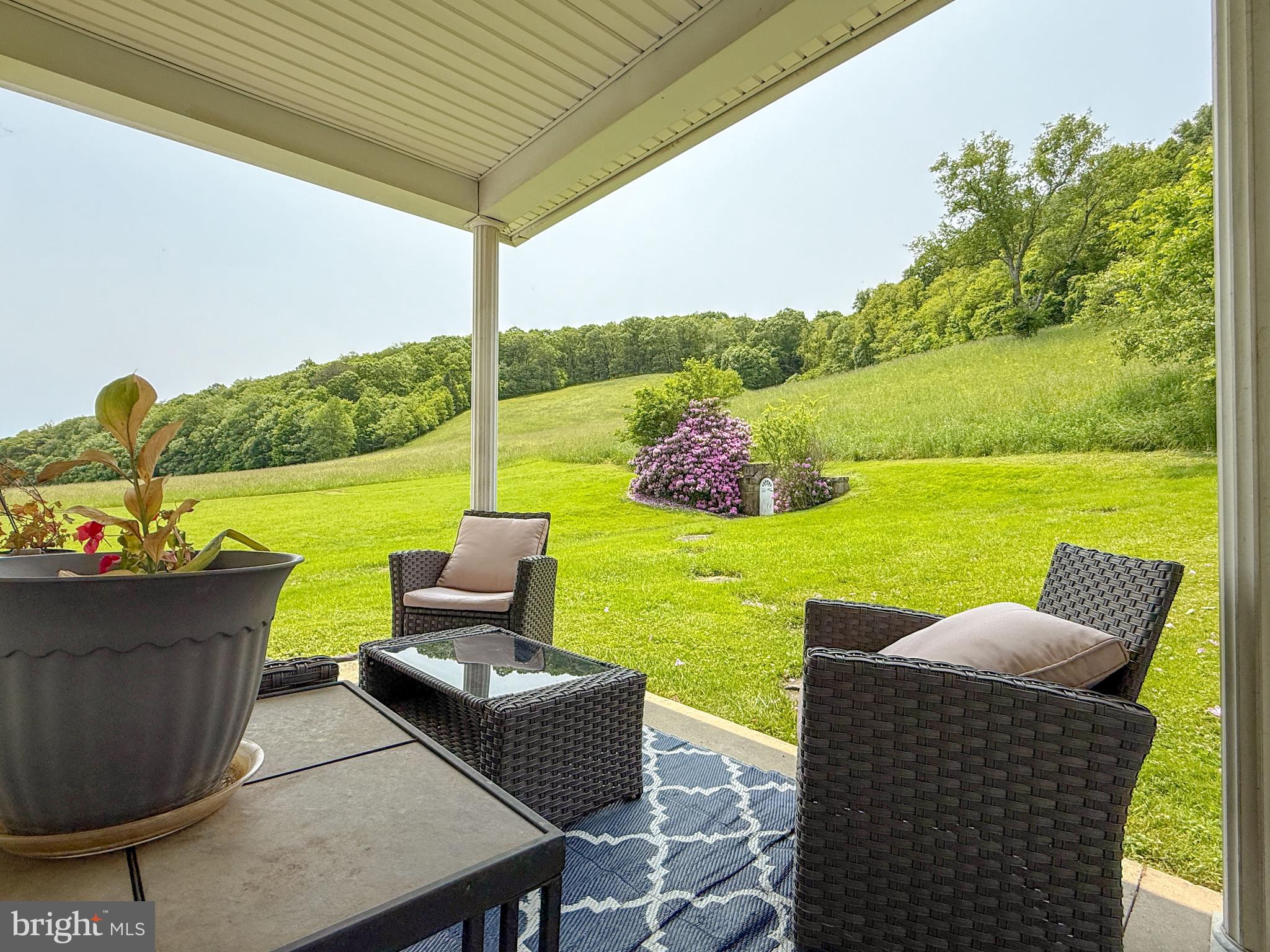 930 Osman Road Alum Bank, PA 15521 - Photo 31 of 63 a view of a patio with couches chairs potted plants and a lake view