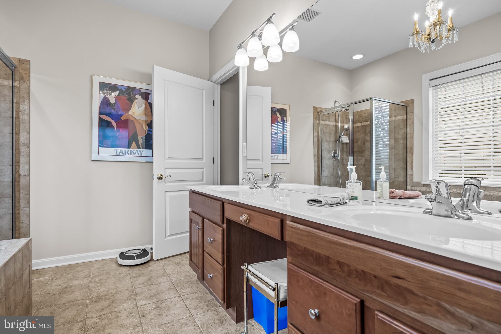 77 Pennington Court Delanco, NJ 08075 - Photo 24 of 46 a spacious bathroom with a double vanity sink a large mirror and a shower