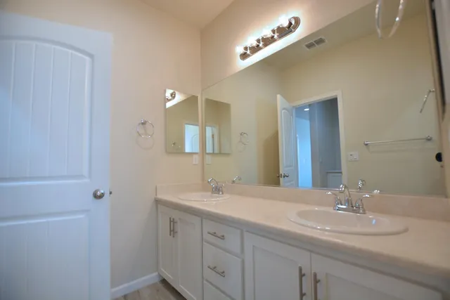 a bathroom with a double vanity sink a mirror and shower