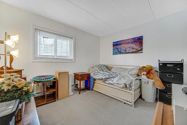 a bedroom with furniture and a book shelf
