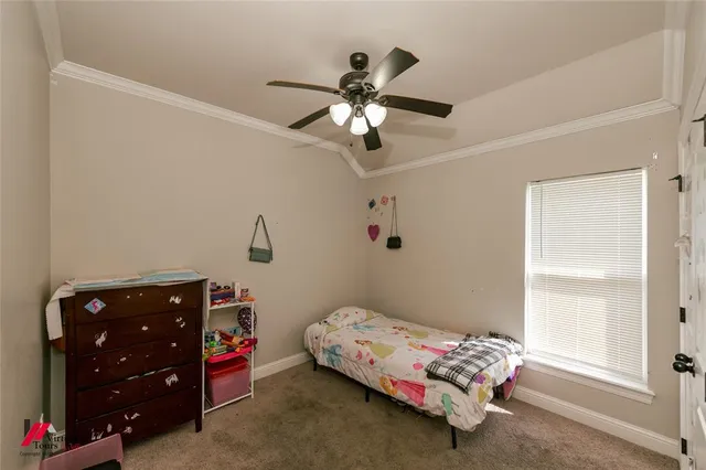 a bedroom with a bed and a chandelier fan