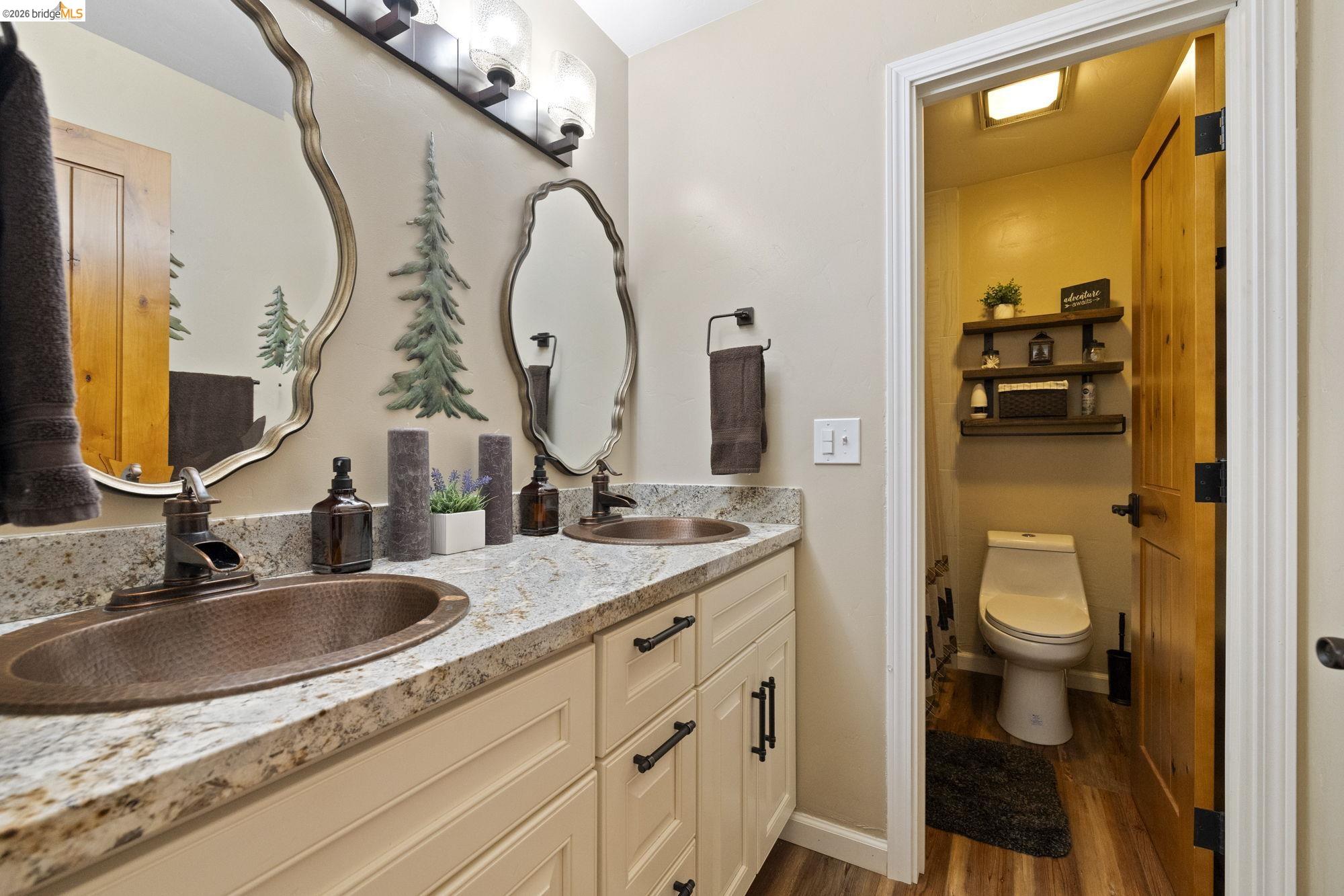 33757 Upper Leland Road, Unit B Pinecrest, CA 95364 - Photo 21 of 39 a bathroom with a granite countertop toilet sink and mirror