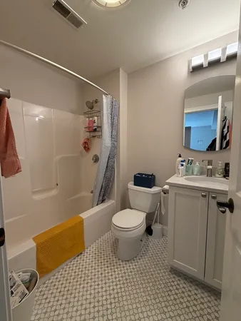 a bathroom with a sink toilet vanity and shower