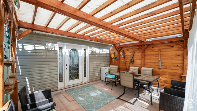 180 North State Street Sigurd, UT 84657 - Photo 3 of 32 Wooden terrace with outdoor dining area, a pergola, and a patio
