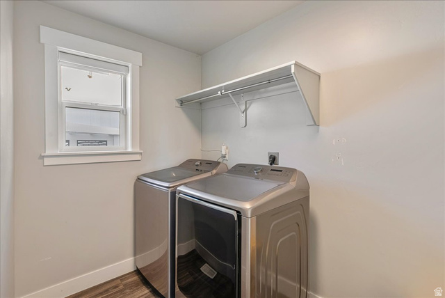 882 Spring Dew Lane Lehi, UT 84048 - Photo 29 of 46 Laundry room featuring dark wood finished floors and washer and dryer
