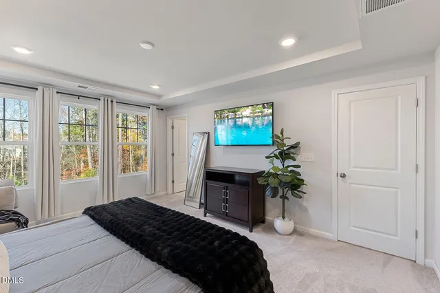 a bedroom with a bed potted plant and windows