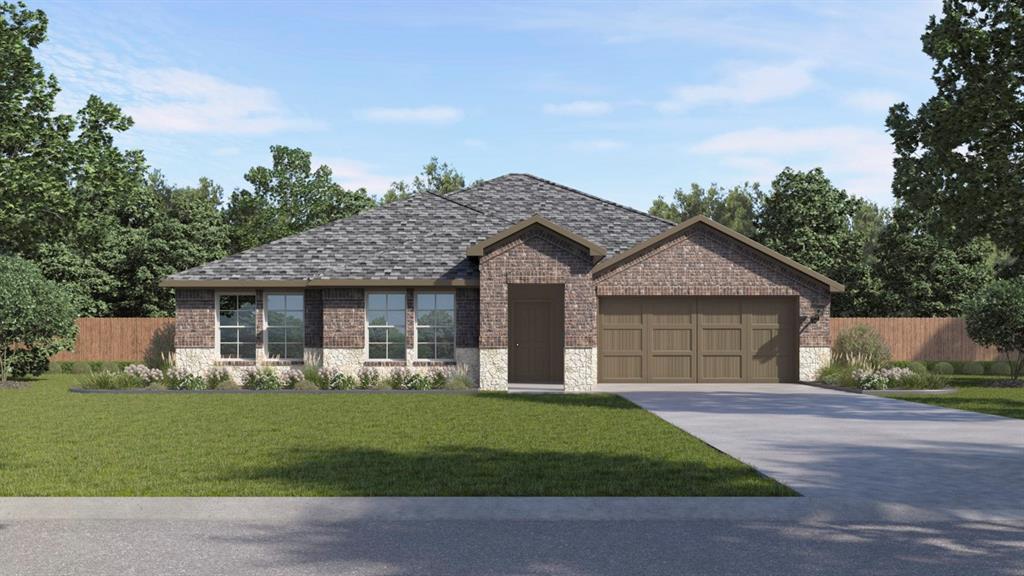 159 Arion Road Waxahachie, TX 75165 - Photo 1 of 1 Single-story residence featuring a dark brick facade with a stone accent base, an asphalt shingle roof, a two-car garage with a brown door, and a concrete driveway