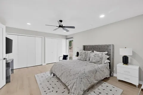 a bedroom with a large bed and a flat screen tv
