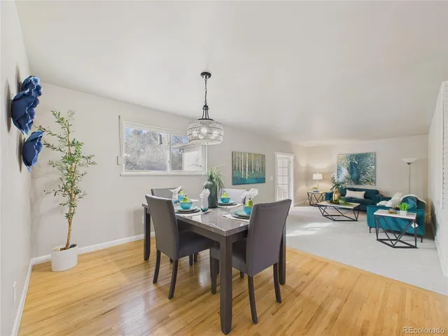 a view of a dining room with furniture window and wooden floor