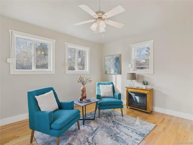 a living room with furniture a rug and a window