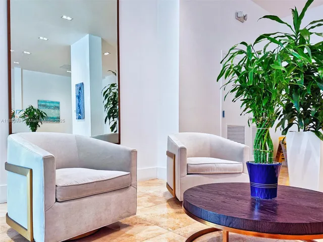 a living room with furniture a potted plant and a potted plant