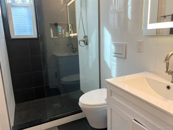 a bathroom with a sink a toilet a shower and a mirror
