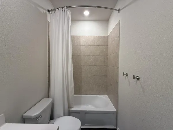a bathroom with a shower and a toilet