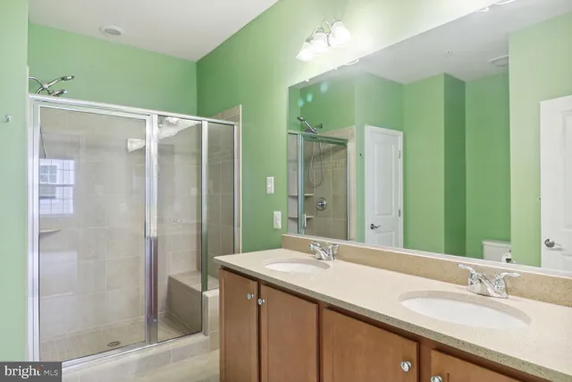 a bathroom with a double vanity sink mirror and shower