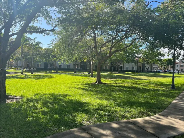 a view of a park with large trees