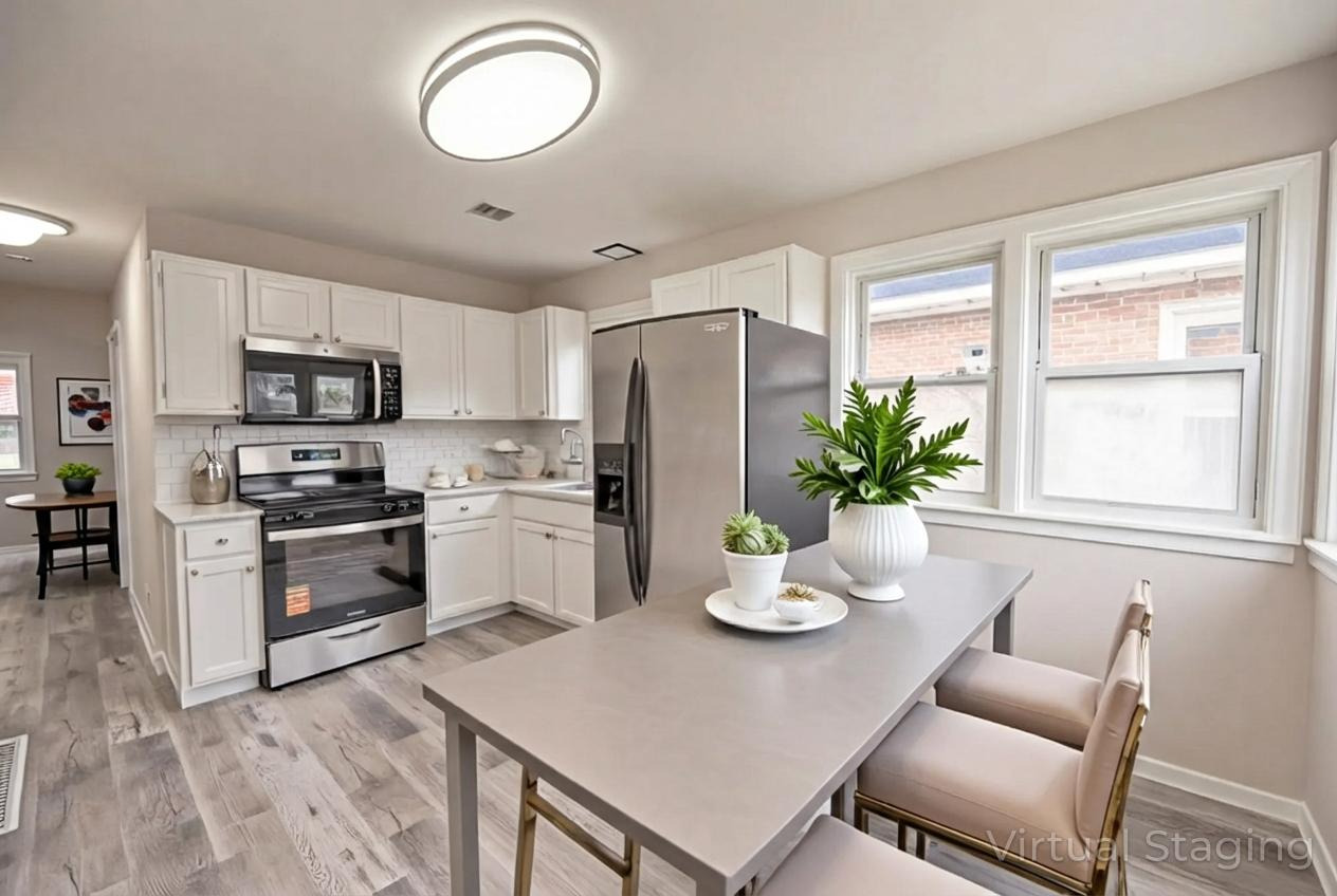 7920 South Mozart Street Chicago, IL 60652 - Photo 3 of 9 a kitchen with a refrigerator a stove cabinets and a dining table