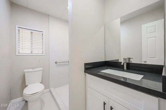 a bathroom with a granite countertop sink toilet and a mirror