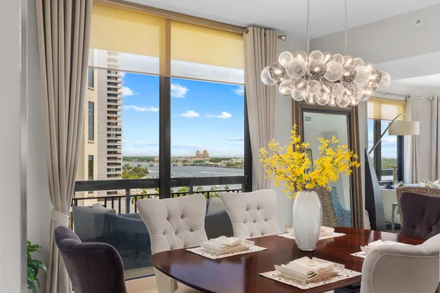 a view of a dining room with furniture