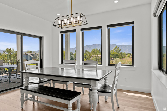 3111 South 1250 West Logan, UT 84321 - Photo 12 of 51 Dining area featuring wood-finish flooring and a contemporary linear chandelier