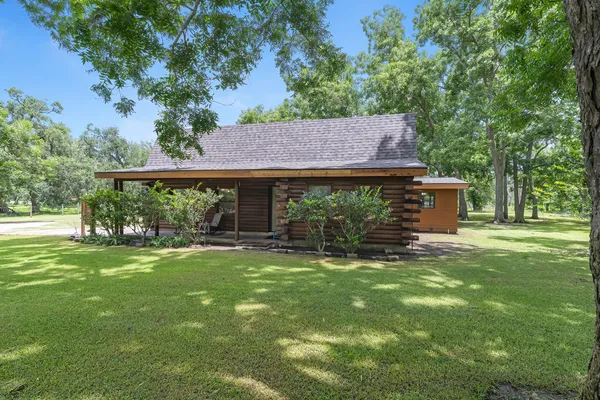a view of a house with a yard potted plants and large tree