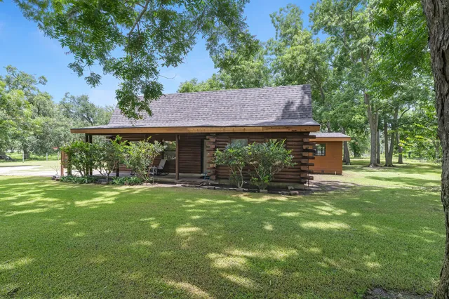 a view of a house with a yard potted plants and large tree