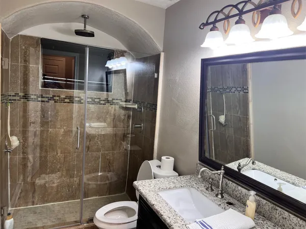 a bathroom with a sink toilet a mirror and shower