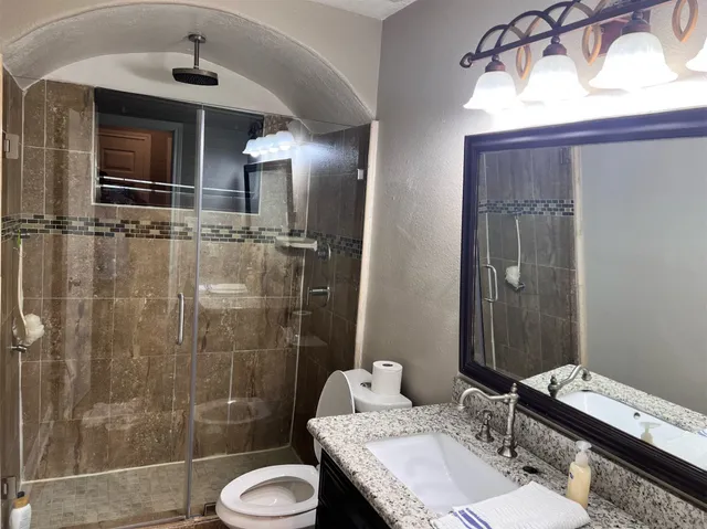 a bathroom with a sink toilet a mirror and shower