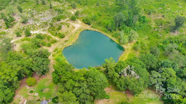 an aerial view of residential house with outdoor space and trees all around