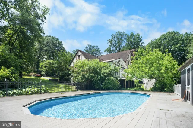 a view of a swimming pool with a yard