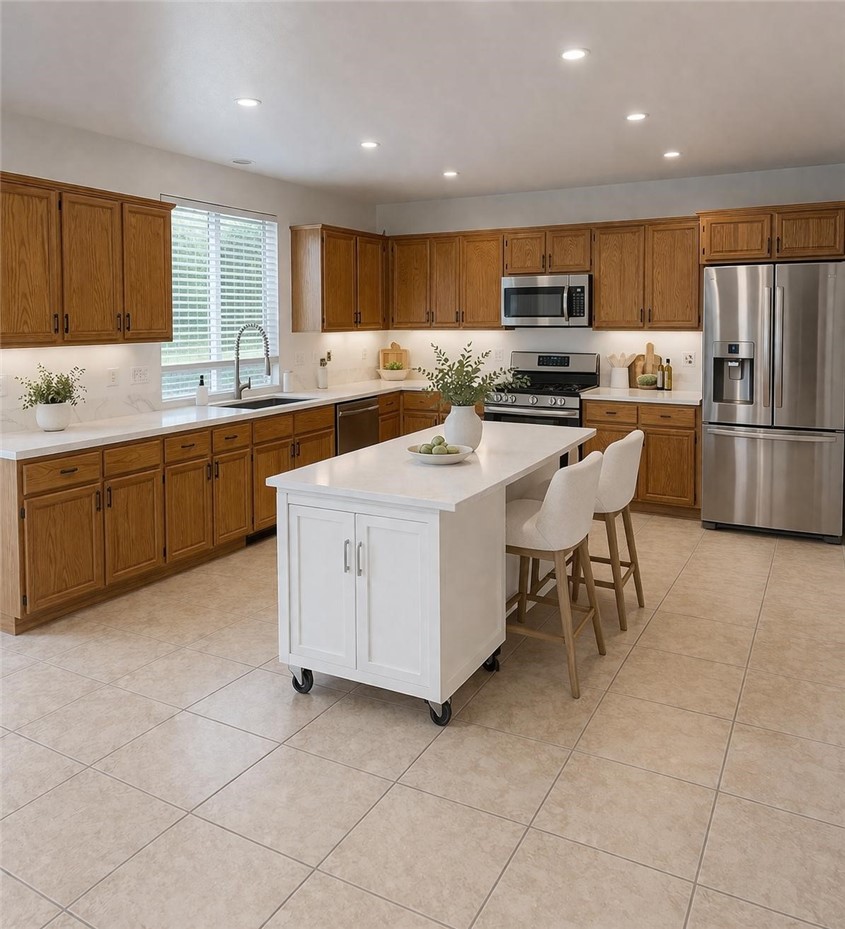 731 Raphael Circle Corona, CA 92882 - Photo 8 of 28 a kitchen with counter top space cabinets and refrigerator