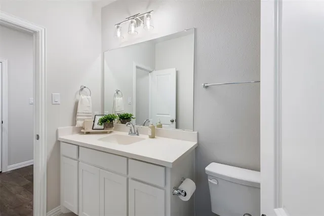 a bathroom with a sink toilet and mirror