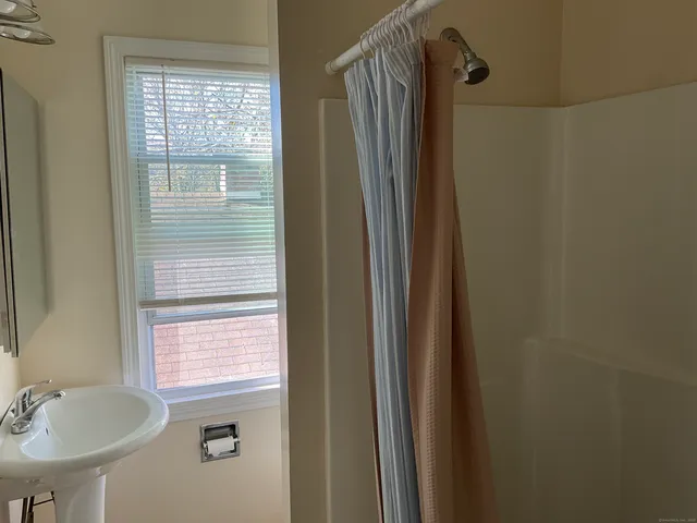 a bathroom with a sink a mirror and a shower