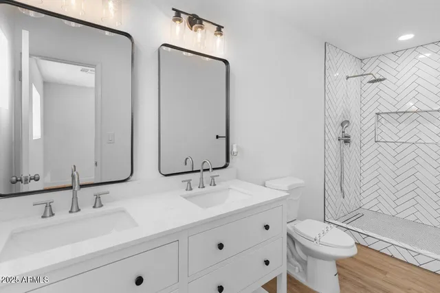 a bathroom with a double vanity sink toilet mirror and shower