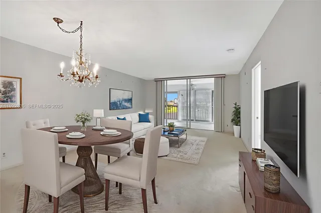 a view of a dining room with furniture window and outside view