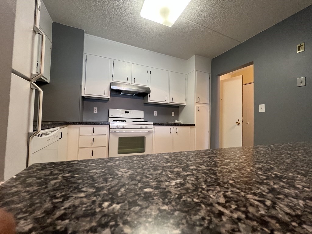 1550 Worcester Road, Unit 114 Framingham, MA 01702 - Photo 7 of 29 a kitchen with granite countertop a stove a sink and a refrigerator