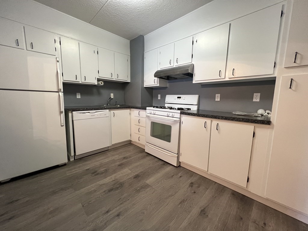 1550 Worcester Road, Unit 114 Framingham, MA 01702 - Photo 9 of 29 a kitchen with granite countertop white cabinets and white appliances