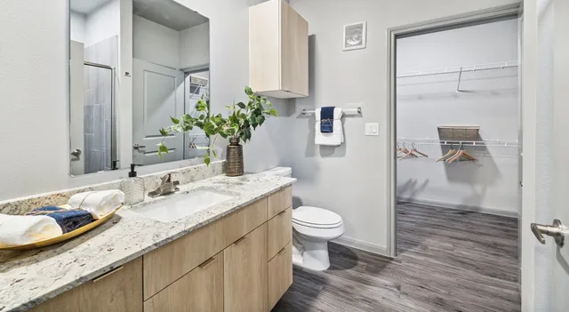 a bathroom with a granite countertop sink a toilet and a shower