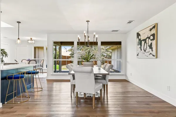 a view of a dining room with furniture window and wooden floor